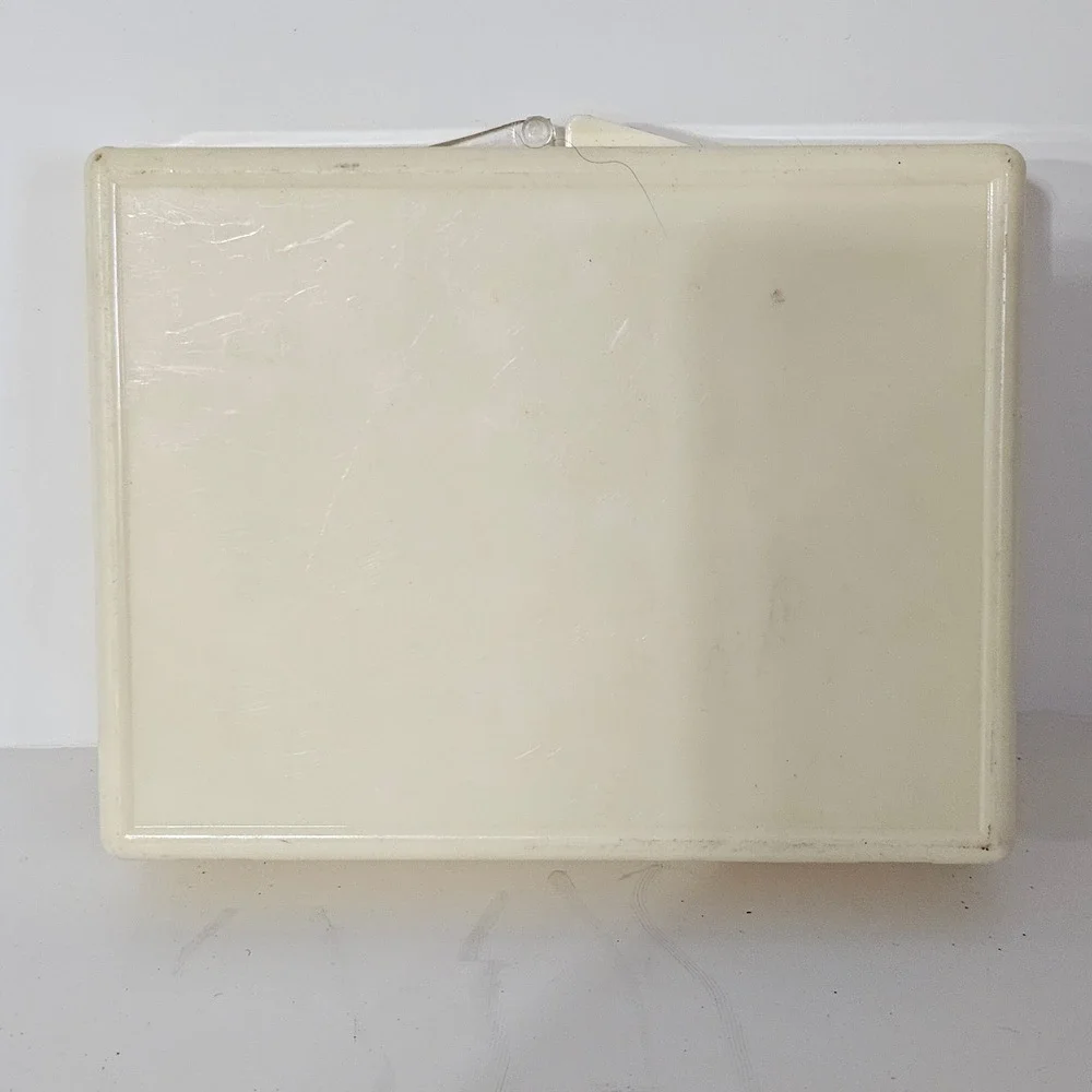 Vintage Plastic Storage Box with Medal Emblem Clear Lid Cream Base Small Case